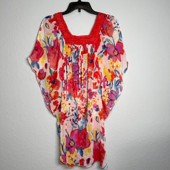 New Recruit Tops - New Recruit Maternity Top Large Red Floral Chiffon Crochet Loungewear Sheer Cozy
